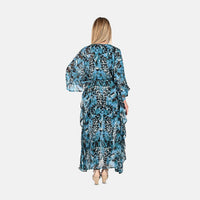 TAMSY Black Poly Chiffon Kaftan With Waist Tie Drawstring & Ruffle Hem - One Size Fits Most