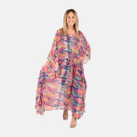 TAMSY Black Poly Chiffon Kaftan With Waist Tie Drawstring & Ruffle Hem - One Size Fits Most