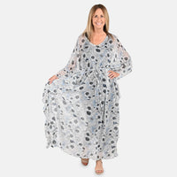 TAMSY Black Poly Chiffon Kaftan With Waist Tie Drawstring & Ruffle Hem - One Size Fits Most