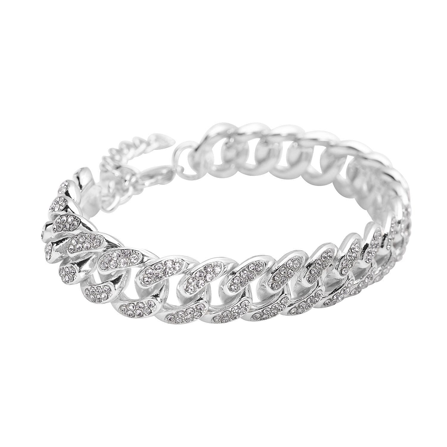 Austrian Crystal Curb Link Bracelet in Silvertone (7.5-9.5In)