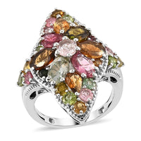 SUMMER SIZZLING DEAL Multi-Tourmaline Elongated Ring in Platinum Over Sterling Silver 4.40 ctw