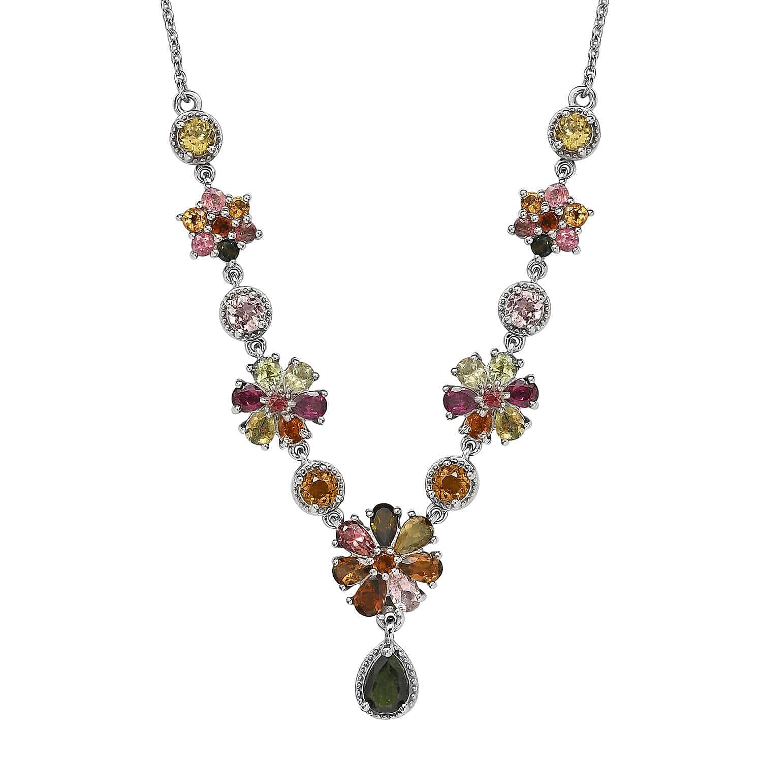 Multi-Tourmaline Floral Necklace 18 Inches in Platinum Over Sterling Silver 7.75 Grams 6.50 ctw