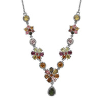 Multi-Tourmaline Floral Necklace 18 Inches in Platinum Over Sterling Silver 7.75 Grams 6.50 ctw
