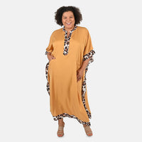 TAMSY Tan Solid American Crepe Long Kaftan With Printed Outerline - One Size Fits Most