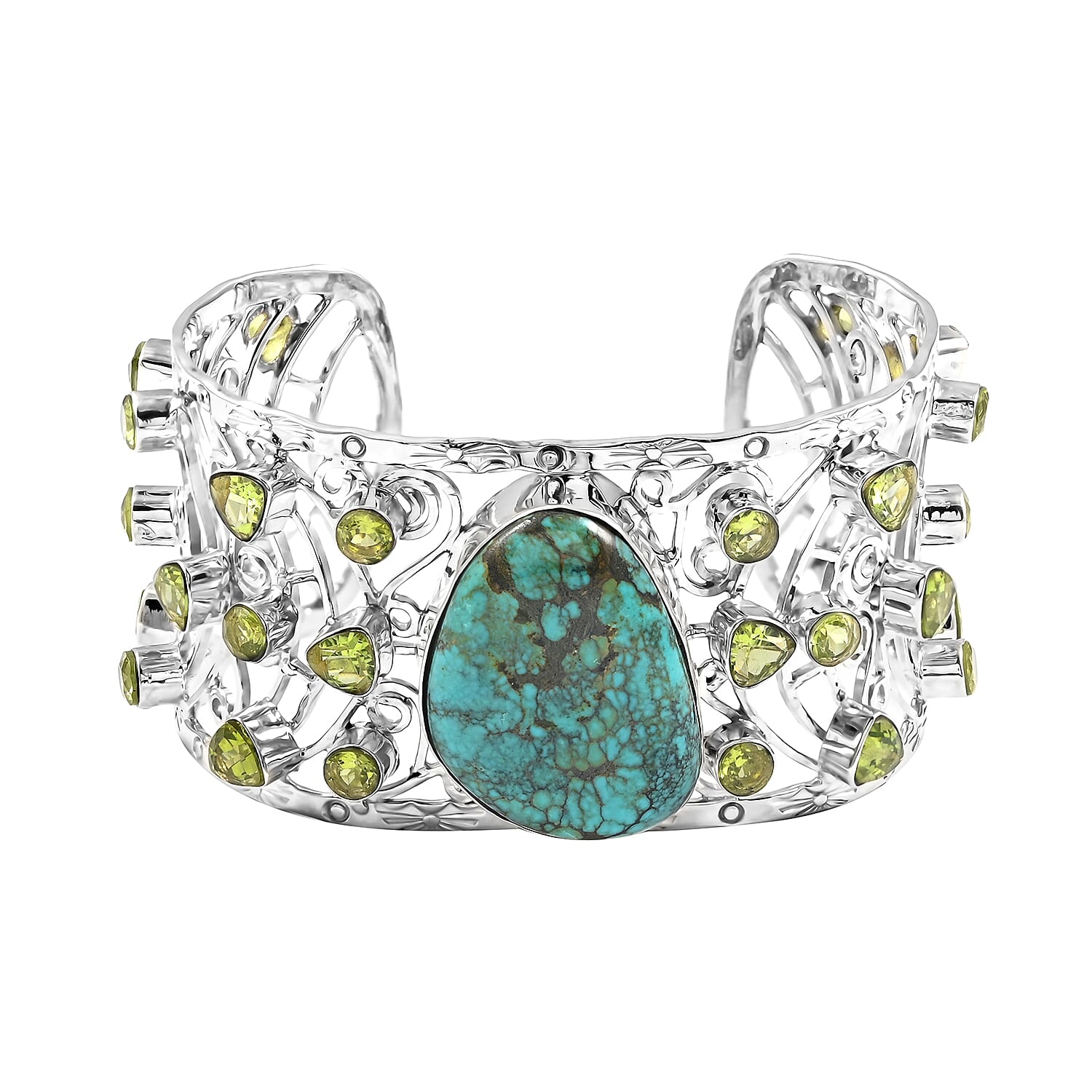 Turquoise and Peridot Cuff Bracelet in Sterling Silver (7.00 In) 42.00 ctw