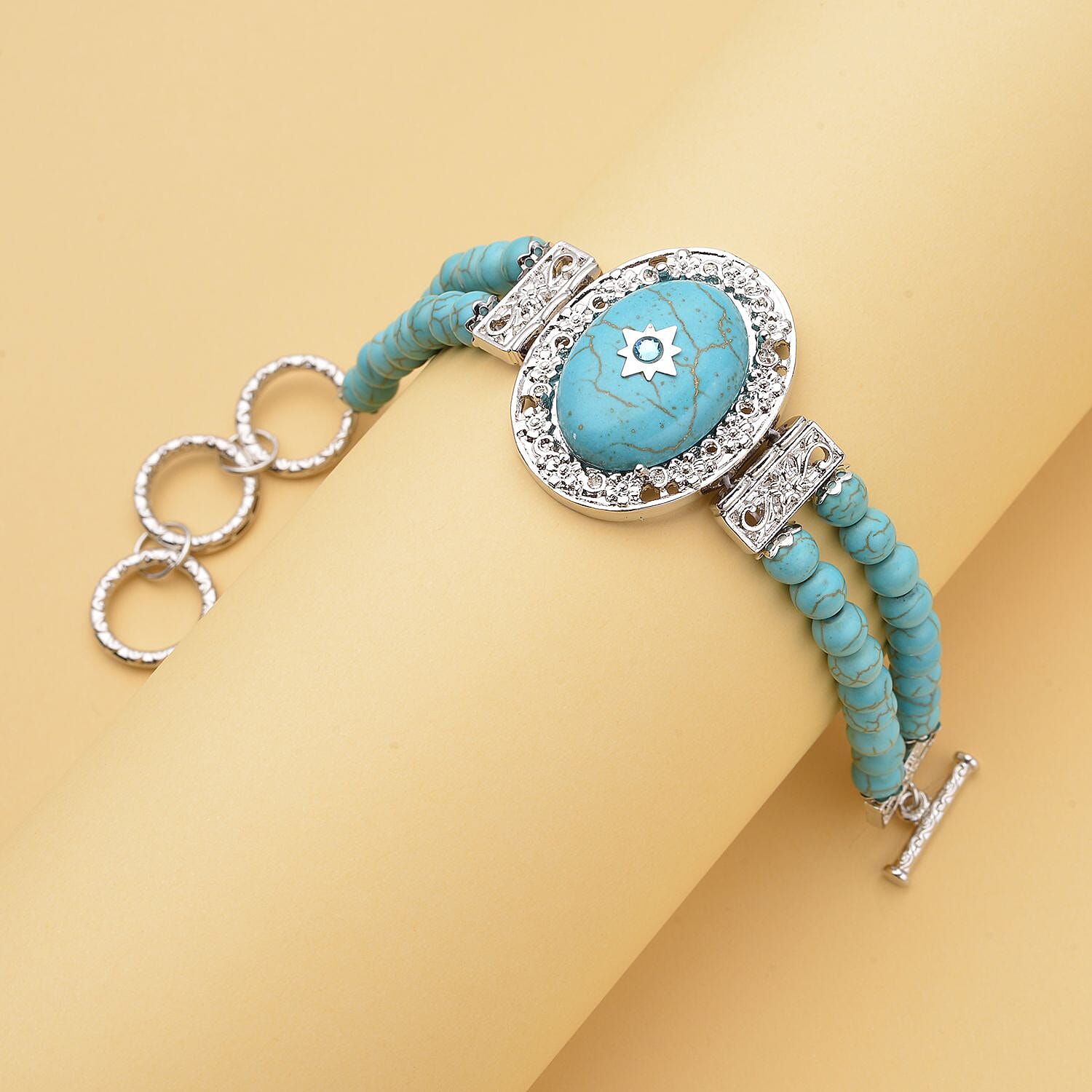 Blue Howlite and Light Blue Austrian Crystal Two Row Beaded Bracelet in Silvertone (7-8.5In) 53.00 ctw