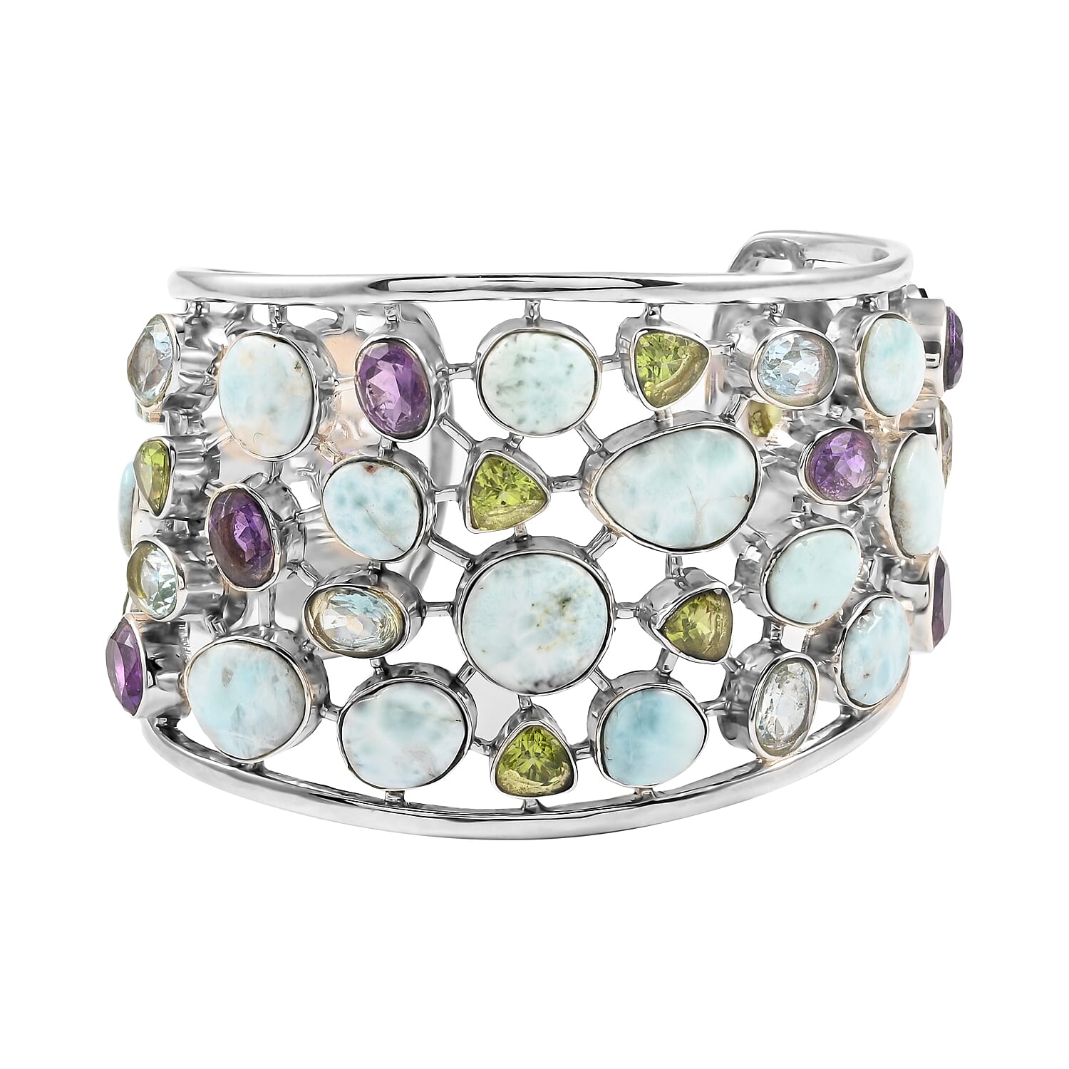 Larimar and Multi Gemstone Cuff Bracelet in Sterling Silver (6.75 In) 58.40 ctw