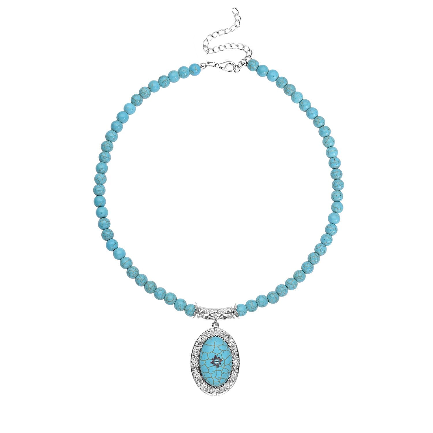 Blue Howlite and Light Blue Austrian Crystal Beaded Necklace 18.5-22.5 Inches in Silvertone 200.00 ctw