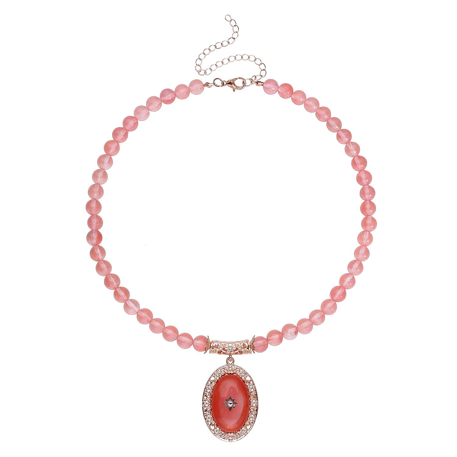 Cherry Quartz and Pink Austrian Crystal Beaded Necklace 18.5-22.5 Inches in Rosetone 200.00 ctw