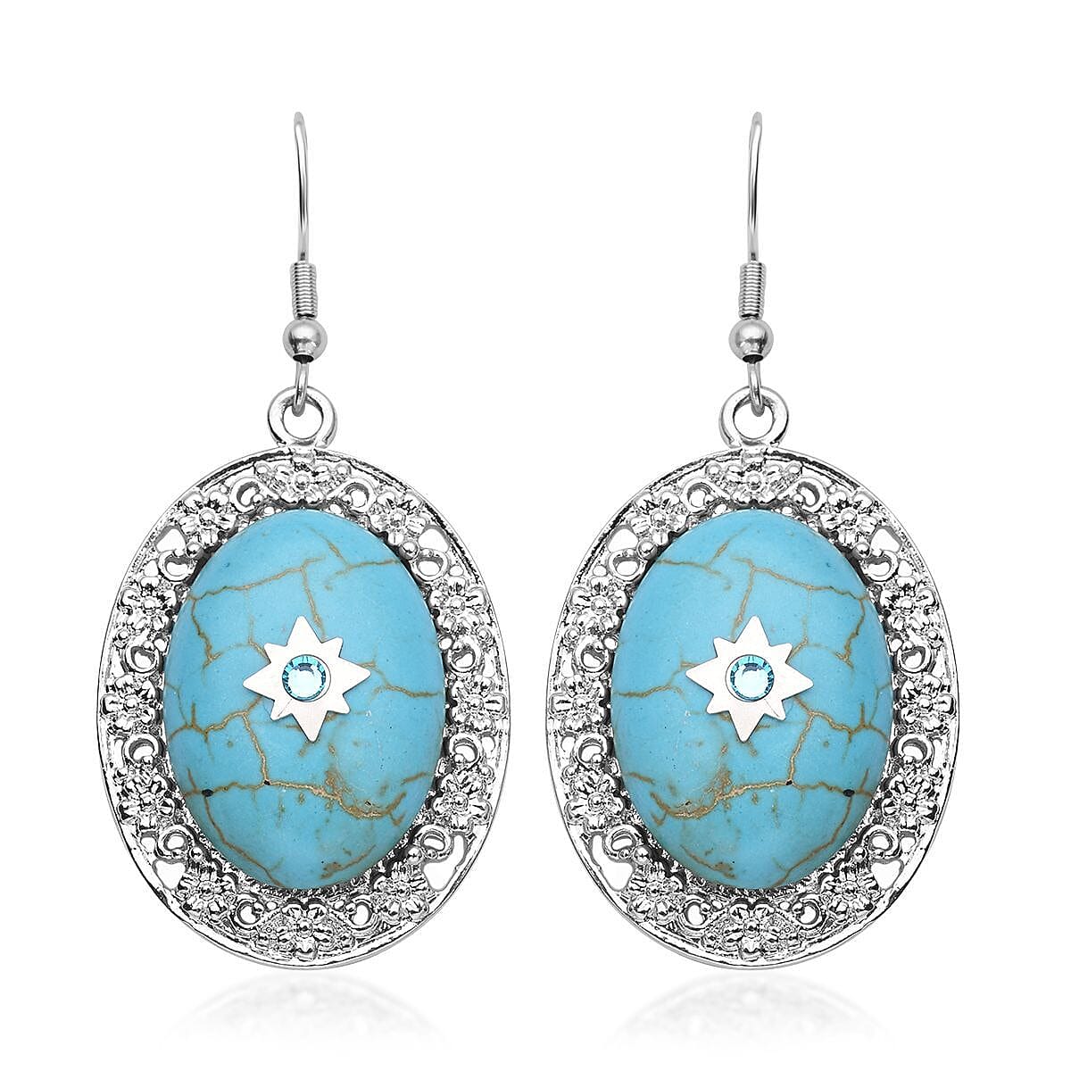 Blue Howlite and Light Blue Austrian Crystal Drop Earrings in Silvertone and Stainless Steel 35.00 ctw