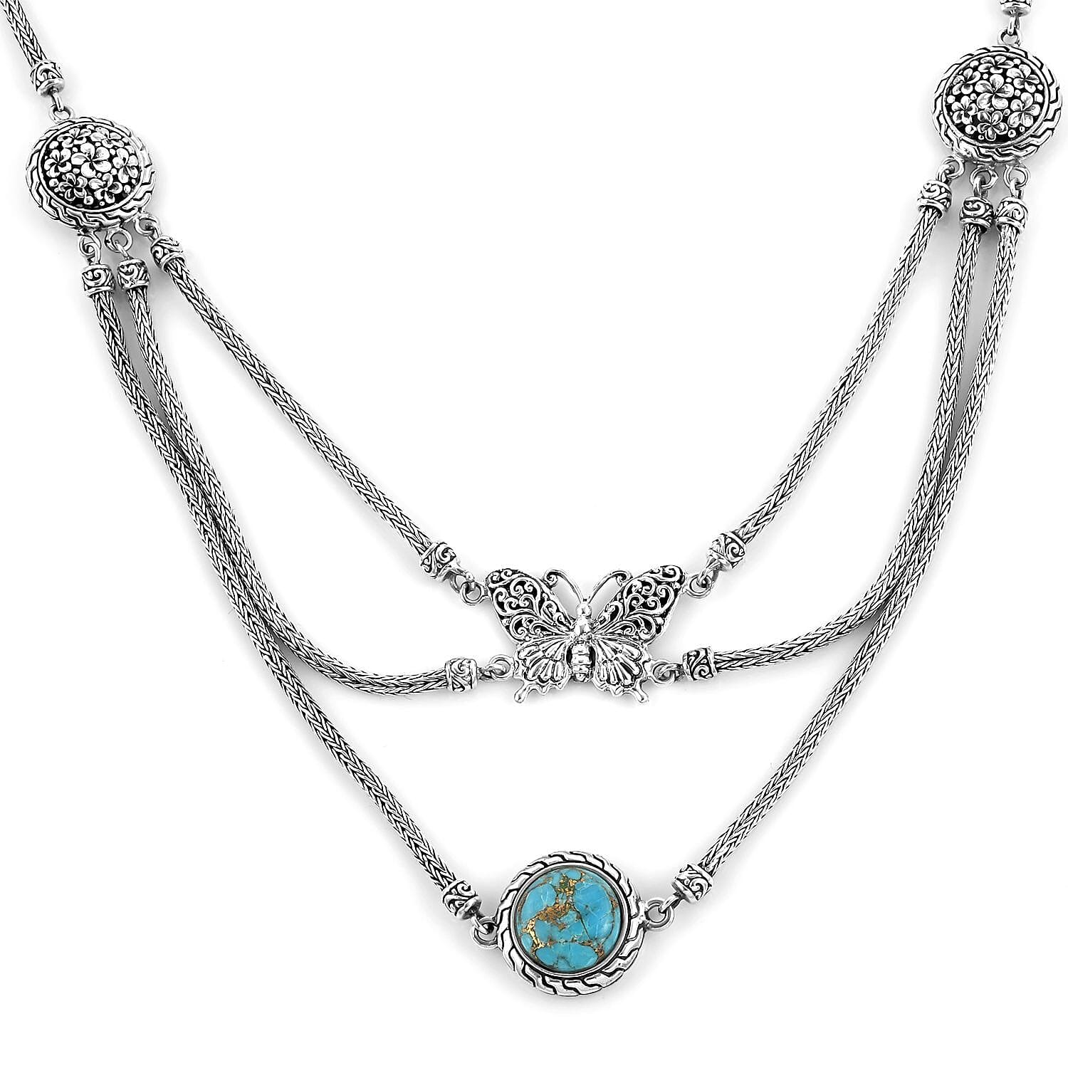 Bali Legacy Mojave Blue Turquoise Butterfly Necklace 20 Inches in Sterling Silver 9.25 ctw