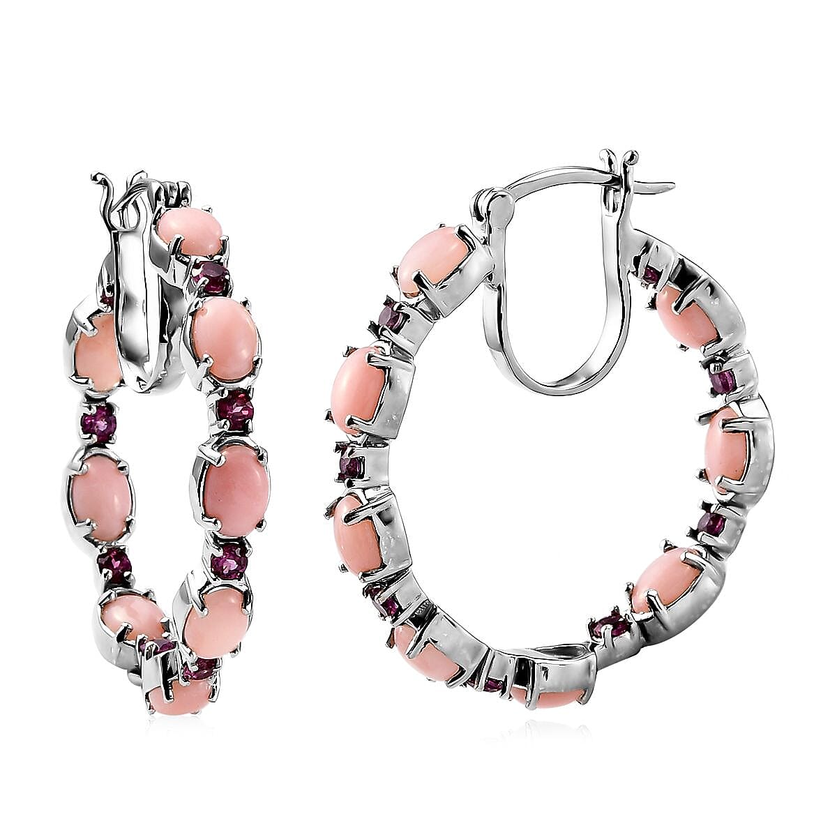 Peruvian Pink Opal and Orissa Rhodolite Garnet Inside Out Hoop Earrings in Platinum Over Sterling Silver 7.75 ctw