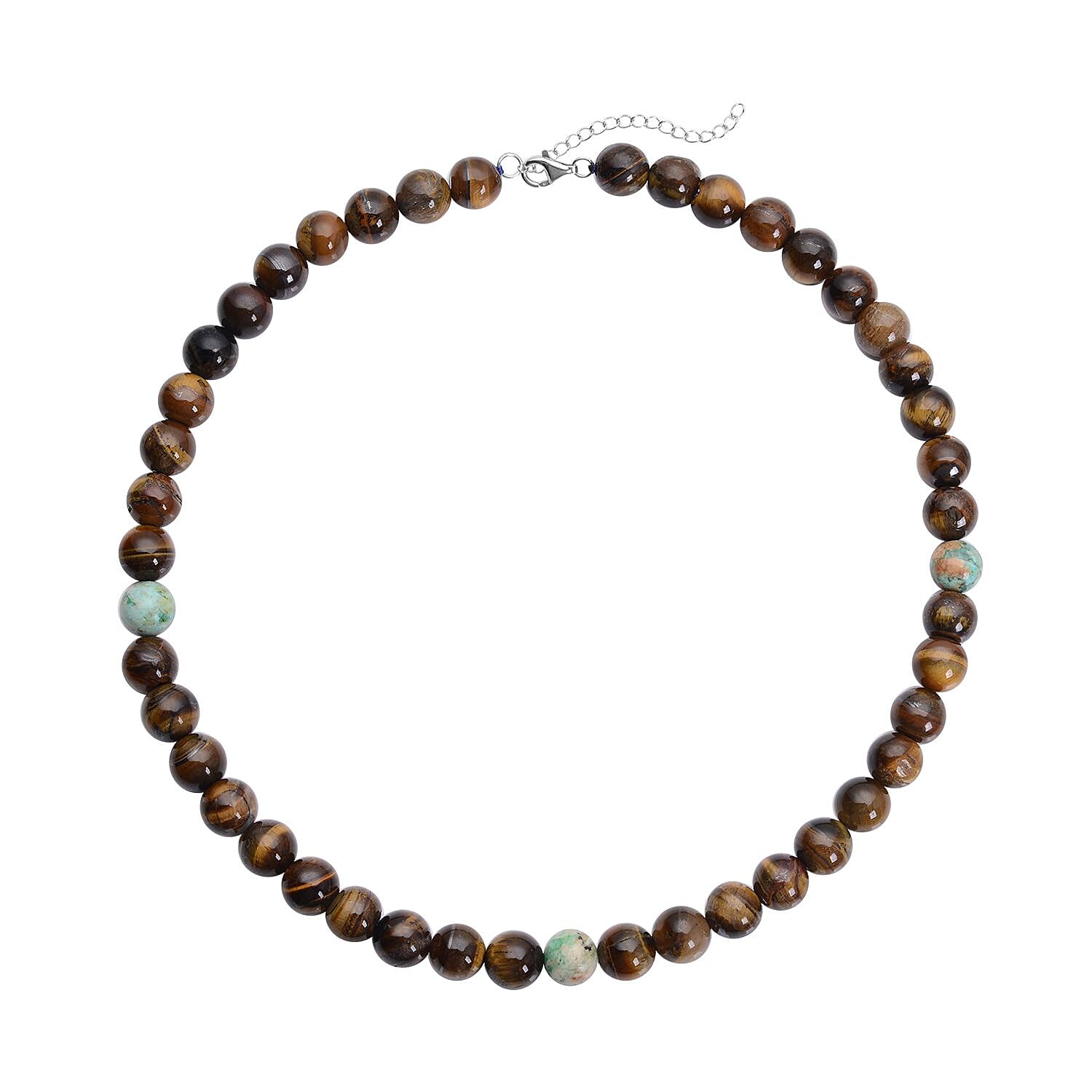 Yellow Tiger's Eye Necklace, Peru Turquoise Necklace, 18 Inches Necklace, Sterling Silver Necklace, Beaded Necklace, Lobster Claw Clasp Necklace 353.50 ctw
