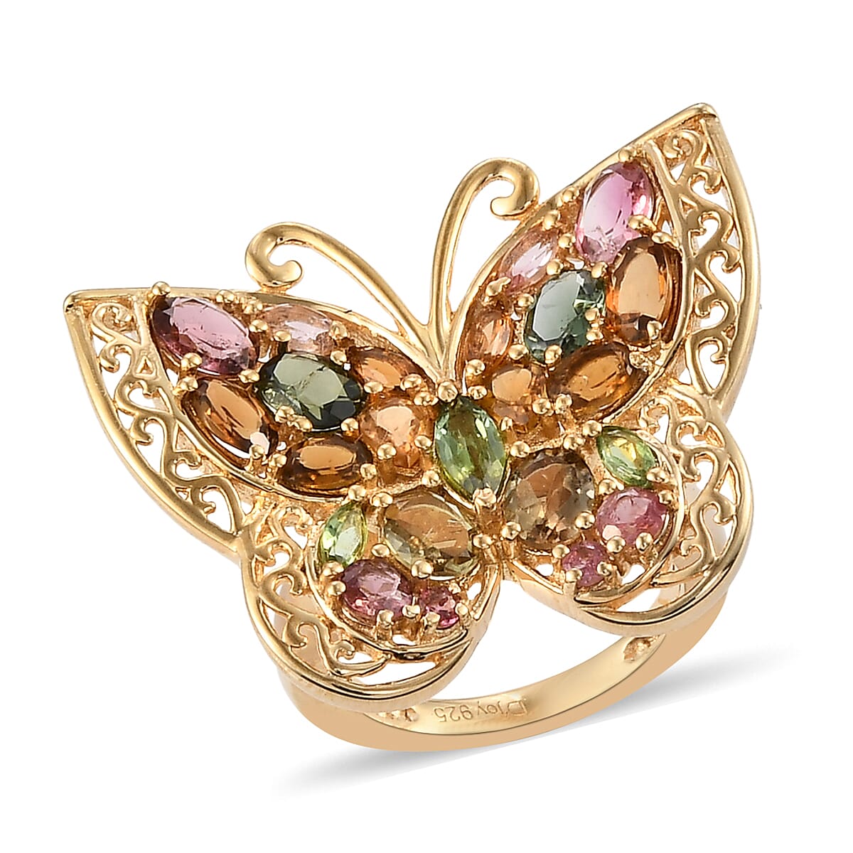 Multi-Tourmaline Butterfly Ring in Vermeil Yellow Gold Over Sterling Silver (Size 10.0) 7.35 Grams 4.10 ctw