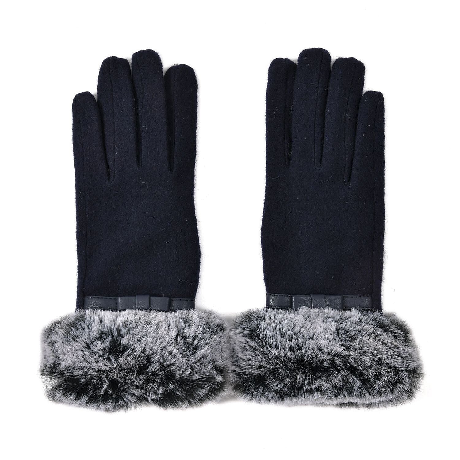 Navy cashmere gloves with faux fur with Touch screen function (9.05"x3.54")