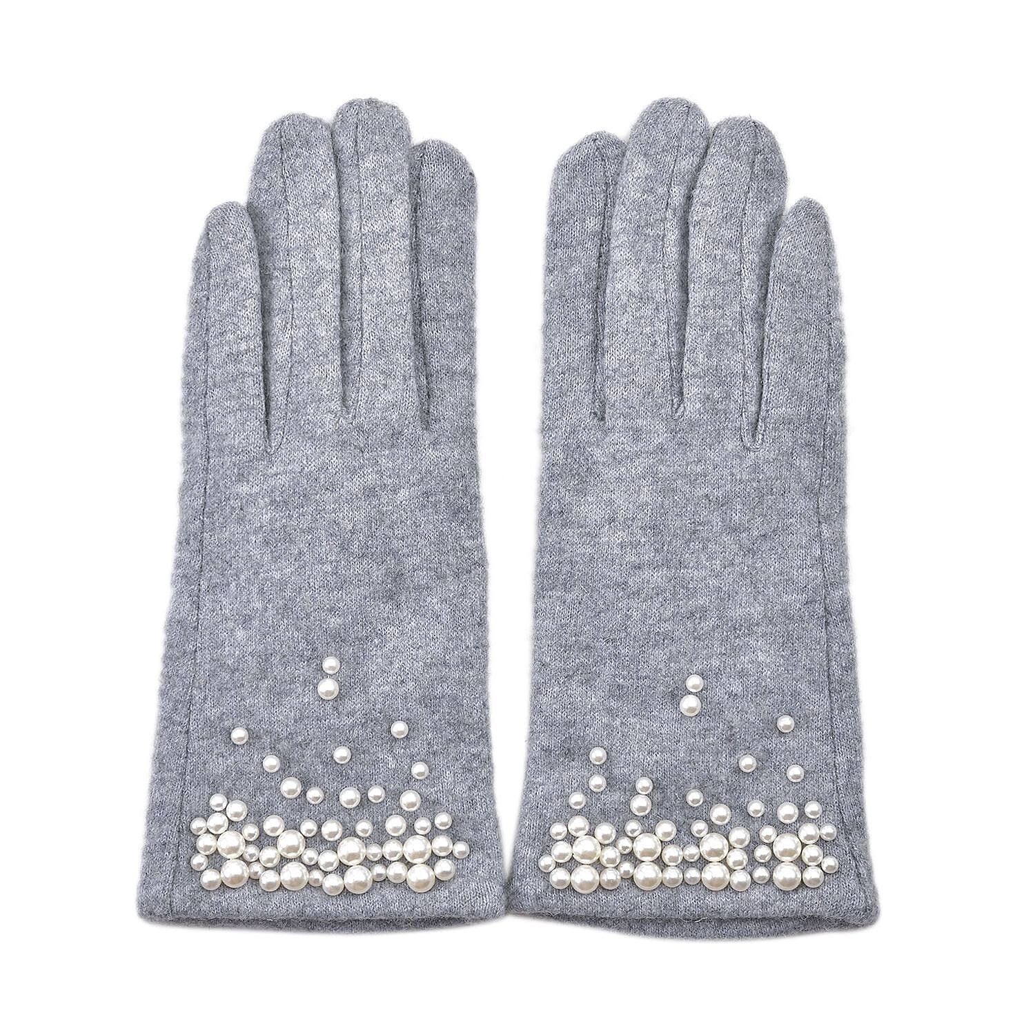 Gray Cashmere Warm Gloves with Plastic Pearl and Equipped Touch Screen Function