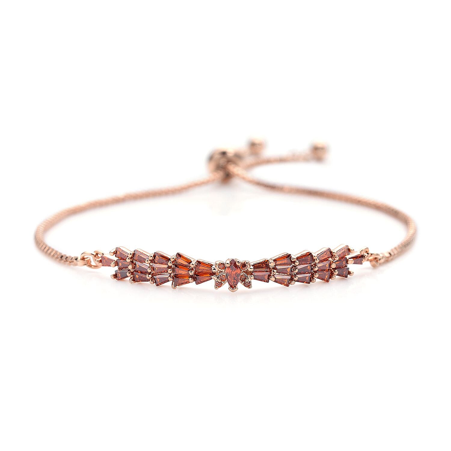 Simulated Garnet Color Diamond Bolo Bracelet in Rosetone 2.00 ctw