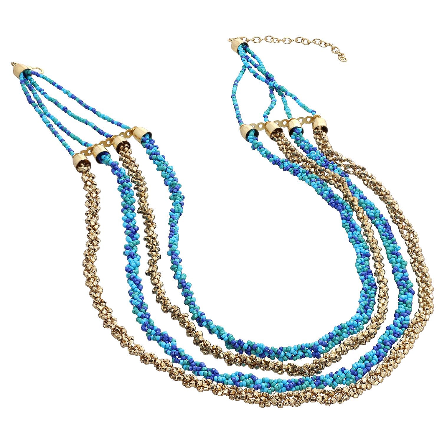 Turquoise and Blue Beaded Multi Strand Necklace (24 Inches) in Goldtone