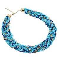 Turquoise and Blue Criss Cross Style Seed Beaded Necklace 22 Inches in Goldtone