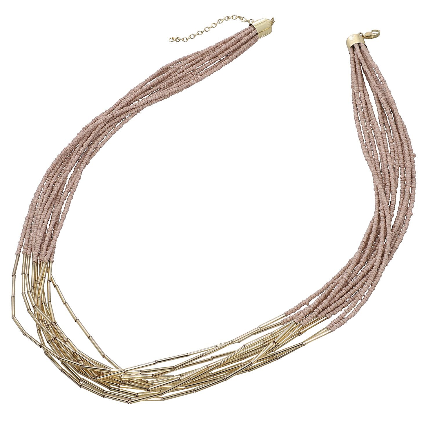 Ivory Multi Layered Glass Seed Beaded Necklace 31 Inches in Goldtone