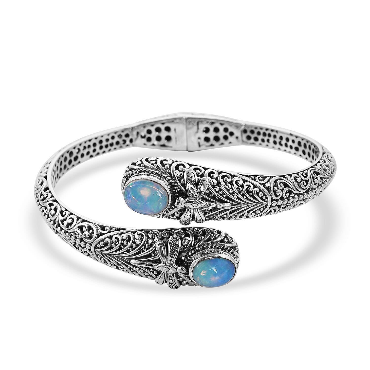 Bali Legacy Ethiopian Welo Opal Dragonfly Bangle Bracelet in Sterling Silver (7.25 In) 3.40 ctw