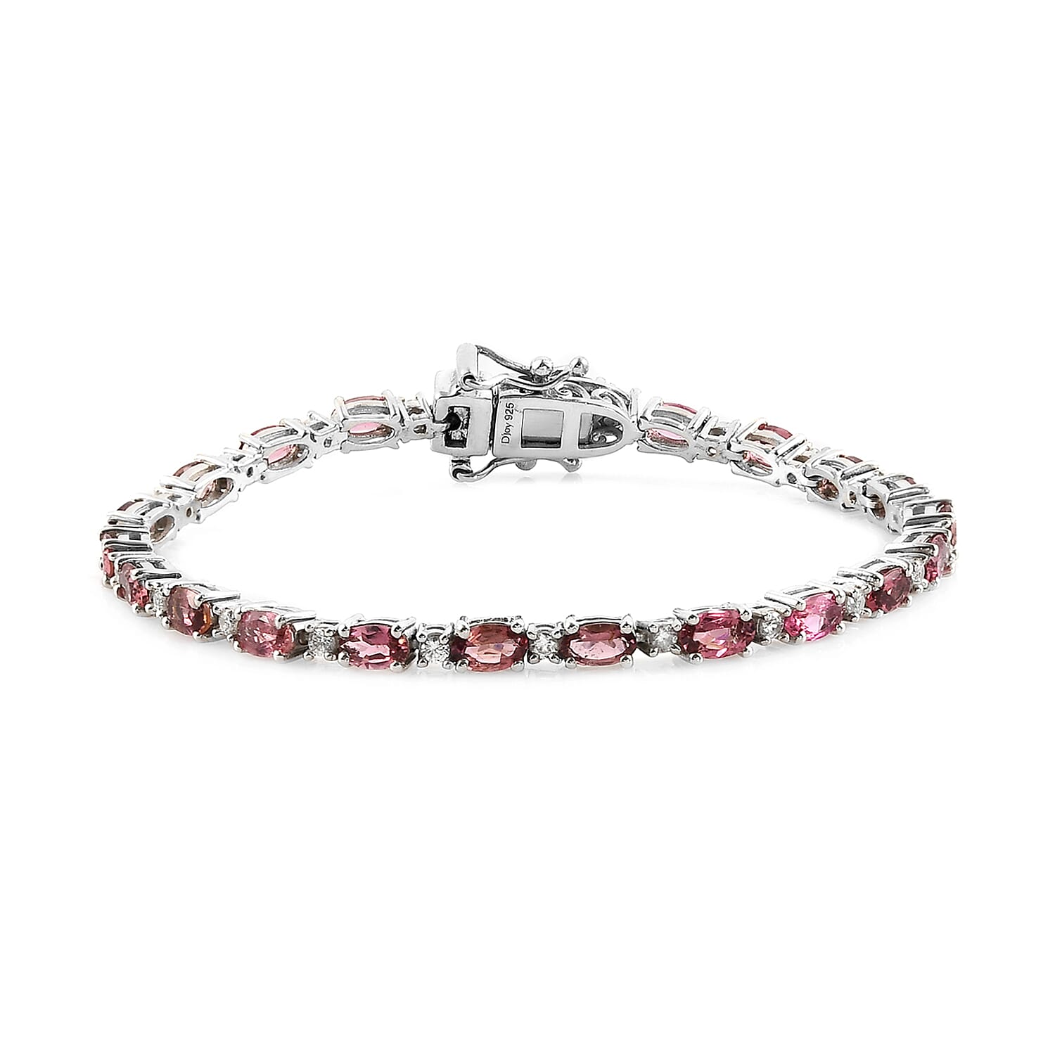 Ouro Fino Rubellite and Natural White Zircon Tennis Bracelet in Platinum Over Sterling Silver (6.50 In) 7.75 Grams 5.65 ctw