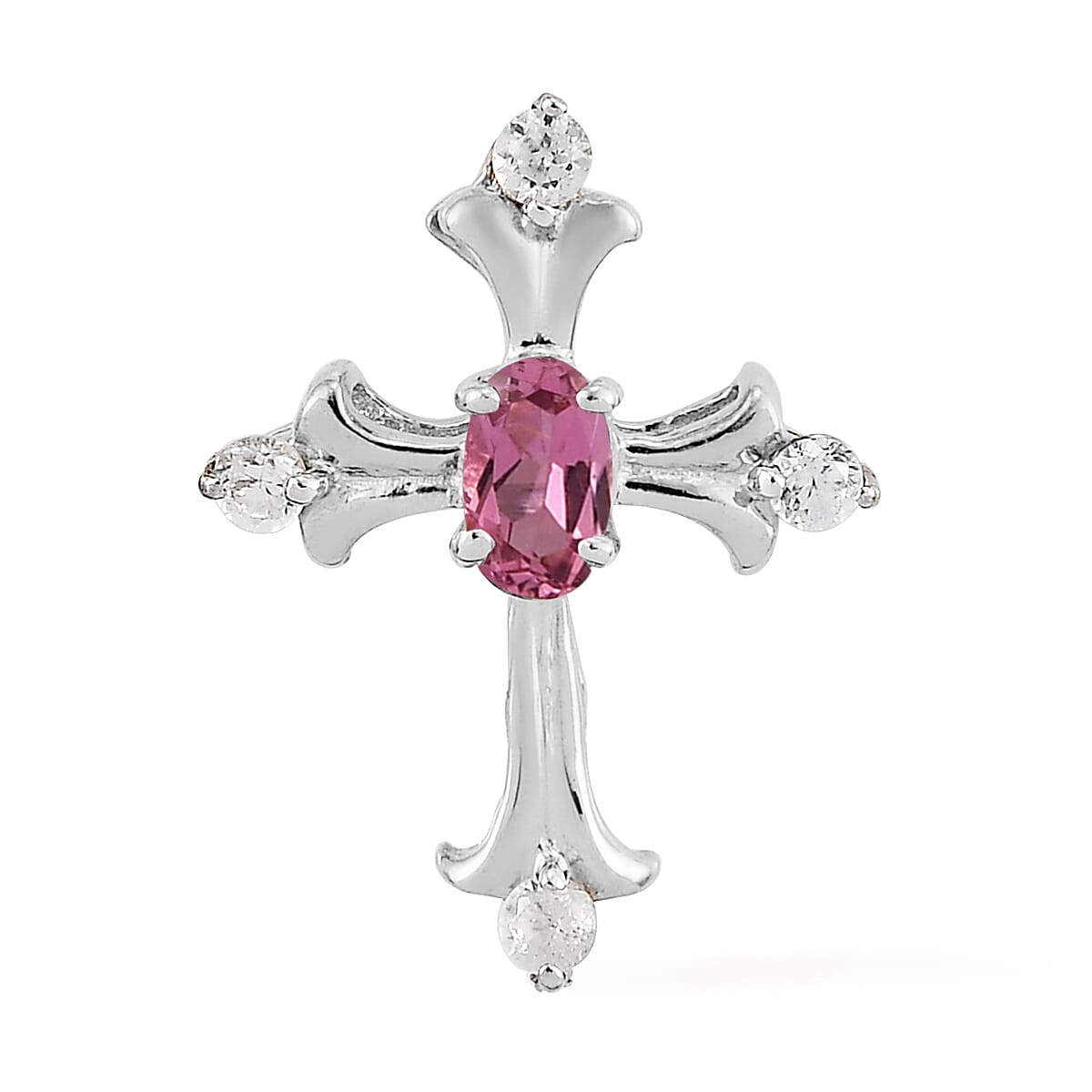 Ouro Fino Rubellite and Natural White Zircon Cross Pendant in Platinum Over Sterling Silver 0.35 ctw