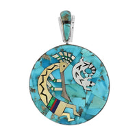 Santa Fe Style Multi Turquoise and Multi Gemstone Kokopelli and Lizard Round Reversible Pendant in Sterling Silver 11.70 Grams (Made in USA) 7.80 ctw
