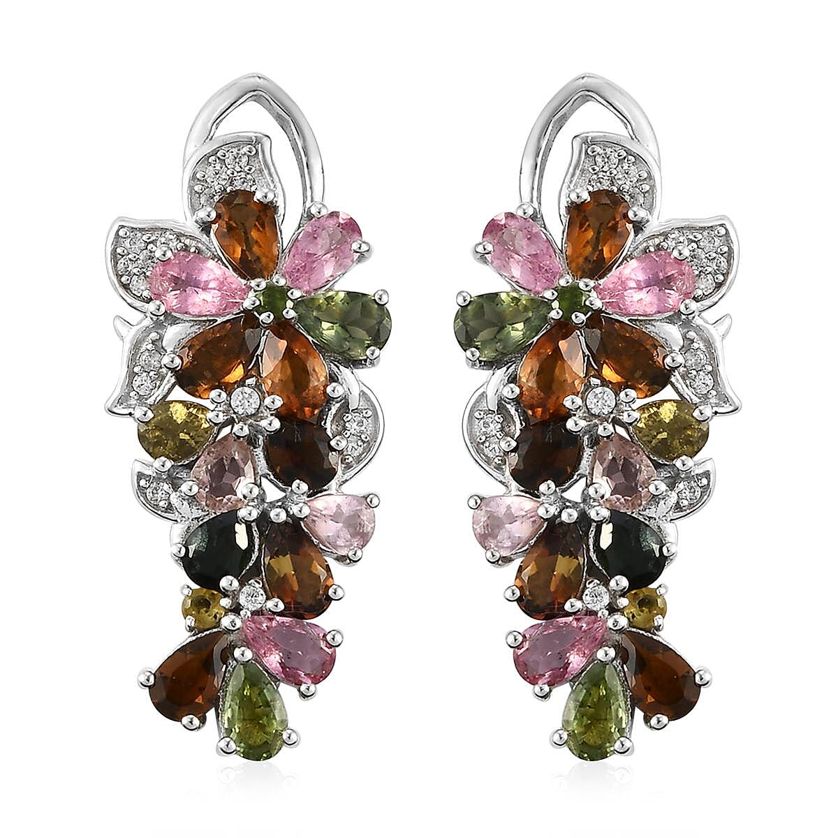 Multi-Tourmaline and Natural White Zircon Cluster Earrings in Platinum Over Sterling Silver 5.70 ctw