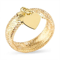 Maestro Gold Collection Italian 10K Yellow Gold Stretch Mesh Ring With Heart Charm (Size 6-9)
