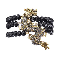 Black Glass, Black and Grey Austrian Crystal Beaded Layered Dragon Bracelet in Goldtone (7.50 In)