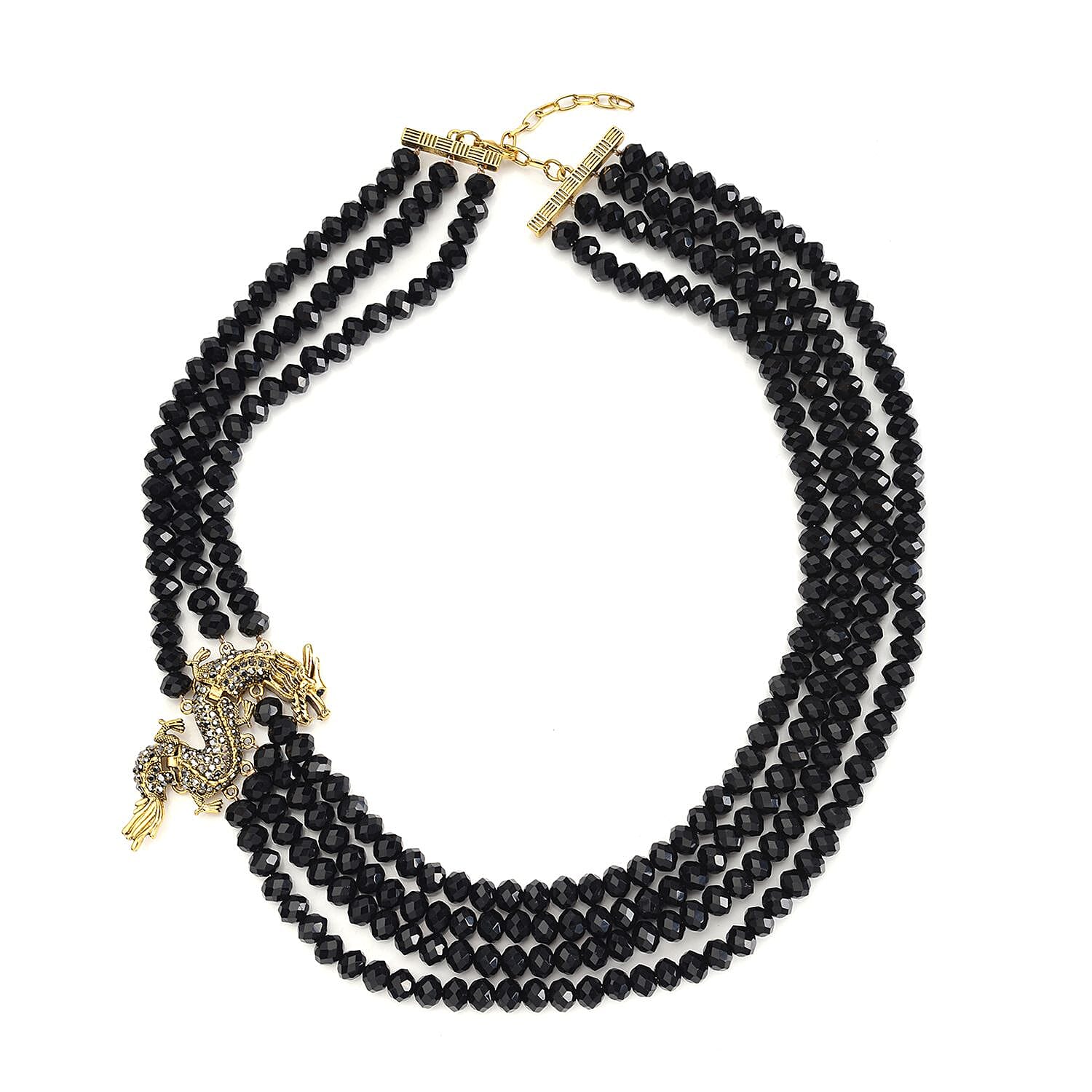 Black Glass, Black and Grey Austrian Crystal Beaded Multi Layered Dragon Necklace 20-22 Inches in Goldtone