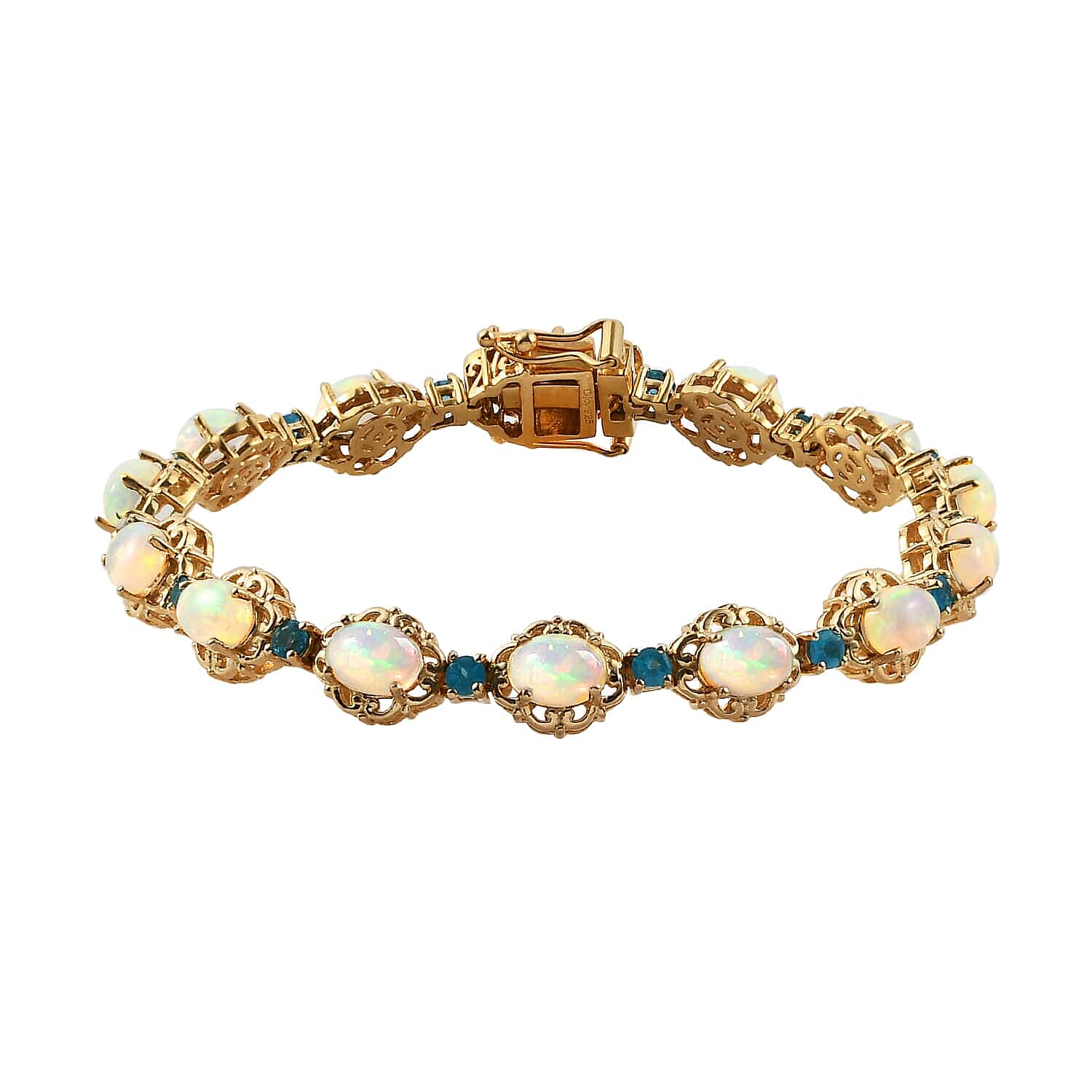 Premium Ethiopian Welo Opal and Malgache Neon Apatite Bracelet in Vermeil Yellow Gold Over Sterling Silver (7.25 In) 14.40 Grams 8.35 ctw