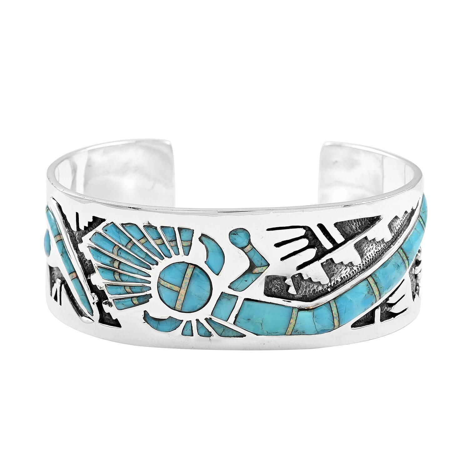 SANTA FE Style Kingman Turquoise and Lab Created Opal Cuff Bracelet in Sterling Silver (7.00 In) 48 Grams 19.00 ctw