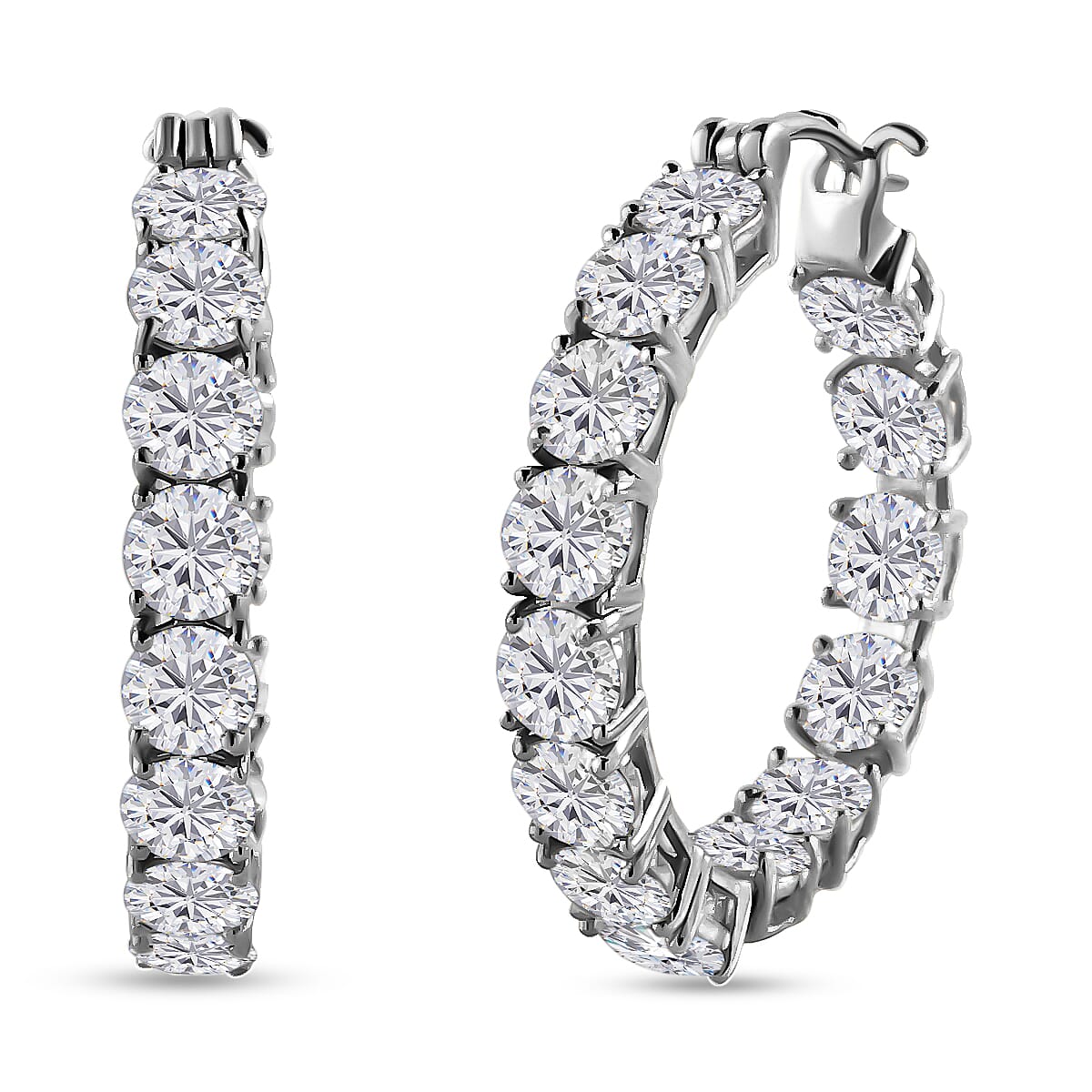 100 Facet Moissanite VS-EF Hoop Earrings in Platinum Over Sterling Silver 7.80 Grams 12.50 ctw