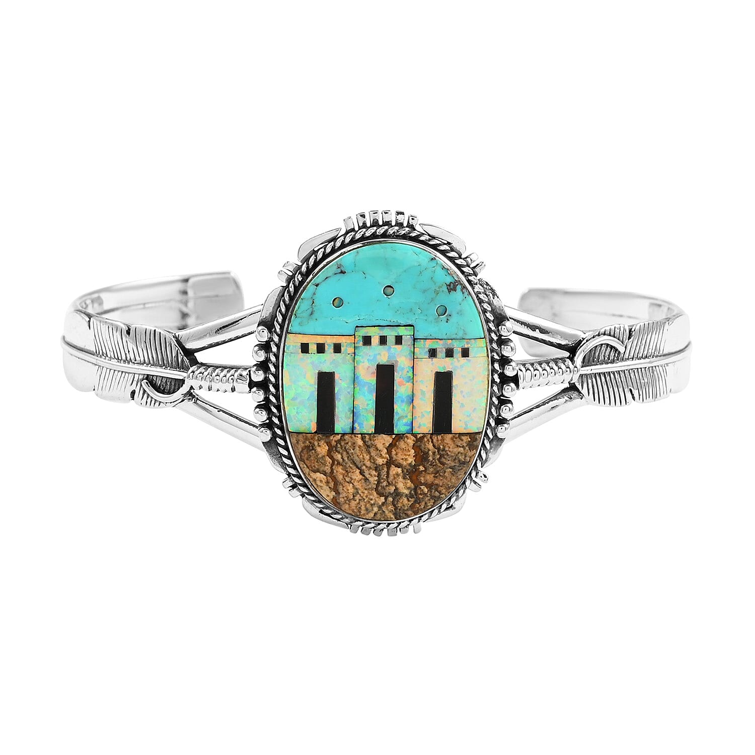 SANTA FE Style Kingman Turquoise and Multi Gemstone Pueblo Homes Open Cuff Bracelet in Sterling Silver (7.00 In) 24.9 Grams 18.00 ctw