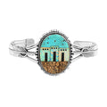 SANTA FE Style Kingman Turquoise and Multi Gemstone Pueblo Homes Open Cuff Bracelet in Sterling Silver (7.00 In) 24.9 Grams 18.00 ctw - Sticky add to cart bar