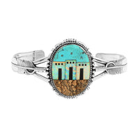 SANTA FE Style Kingman Turquoise and Multi Gemstone Pueblo Homes Open Cuff Bracelet in Sterling Silver (7.00 In) 24.9 Grams 18.00 ctw