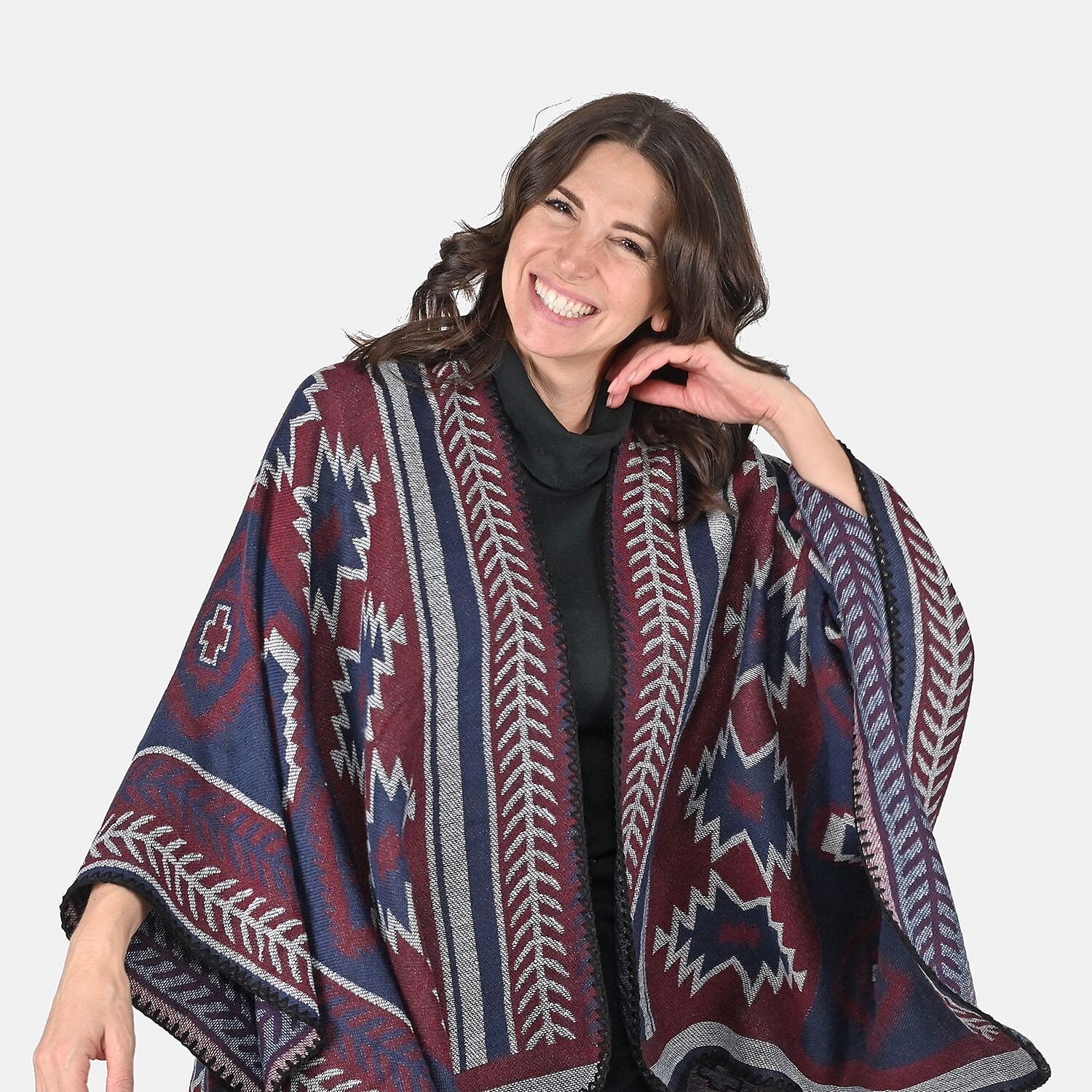 TAMSY Reversible Red and Blue Santa Fe Style Pattern Kimono - One Size Fits Most