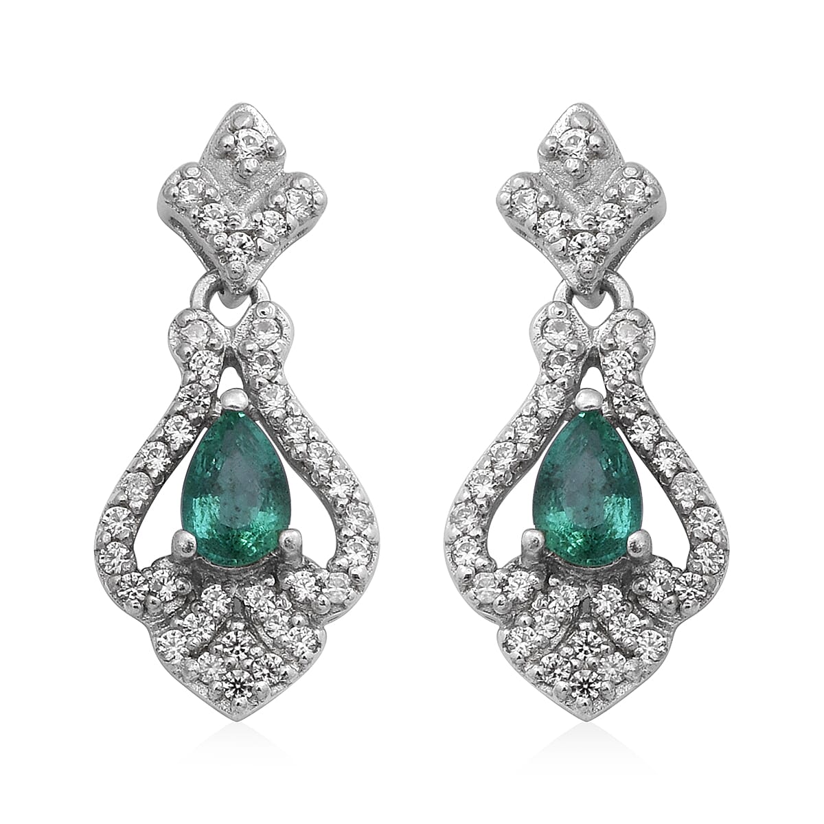 AAA Kagem Zambian Emerald and Natural White Zircon Dangle Earrings in Platinum Over Sterling Silver 1.60 ctw