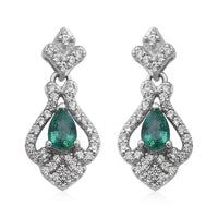 AAA Kagem Zambian Emerald and Natural White Zircon Dangle Earrings in Platinum Over Sterling Silver 1.60 ctw