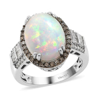Premium Ethiopian Welo Opal, Natural Champagne and White Diamond Ring in Rhodium & Platinum Over Sterling Silver 4.40 ctw
