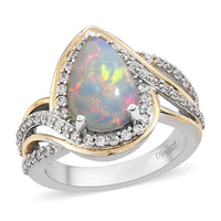Premium Ethiopian Welo Opal and Natural White Zircon Ring in Vermeil Yellow Gold and Platinum Over Sterling Silver (Size 9.0) 2.40 ctw