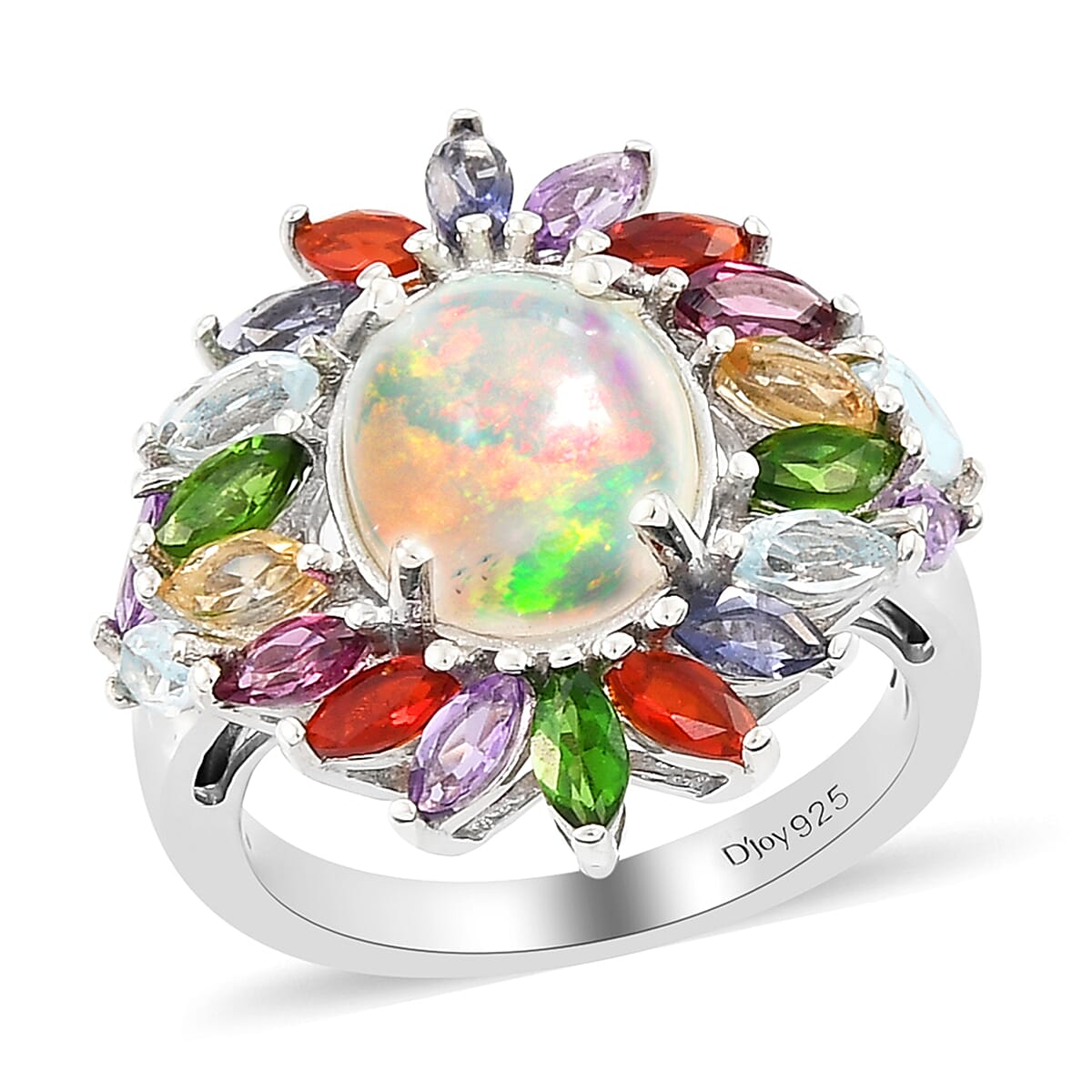 Premium Ethiopian Welo Opal and Multi Gemstone Floral Ring in Platinum Over Sterling Silver (Size 10.0) 3.40 ctw