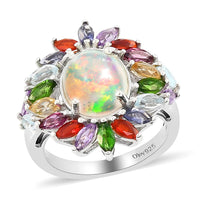 Premium Ethiopian Welo Opal and Multi Gemstone Floral Ring in Platinum Over Sterling Silver (Size 10.0) 3.40 ctw