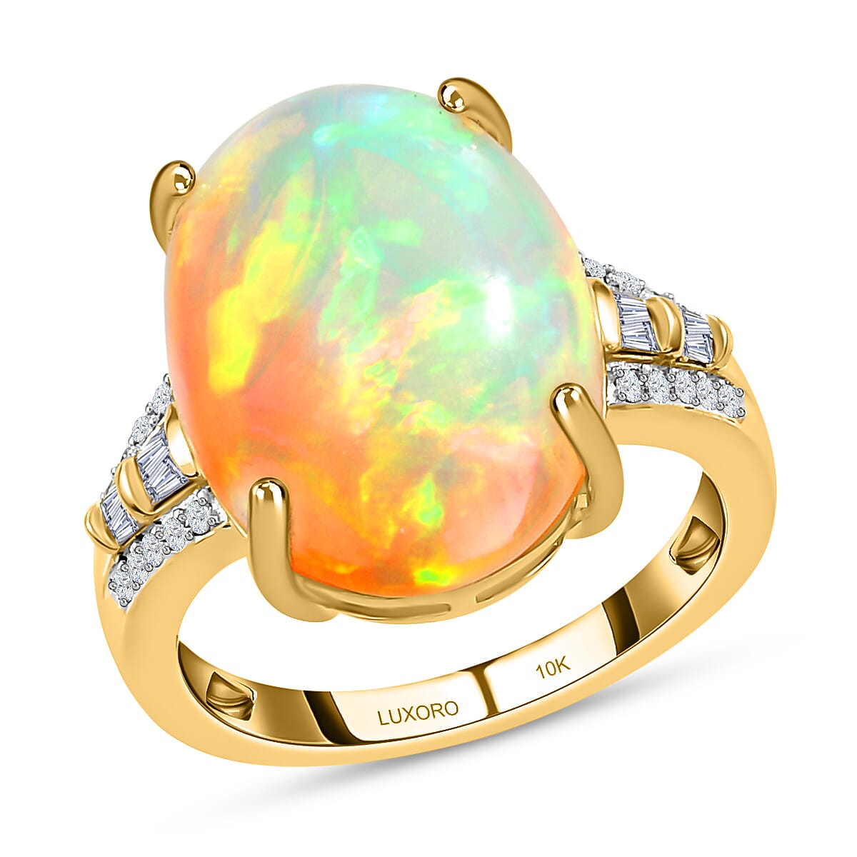 LUXORO 10K Yellow Gold AAA Ethiopian Welo Opal and G-H I3 Diamond Ring (Size 7.0) 3.65 Grams 8.25 ctw