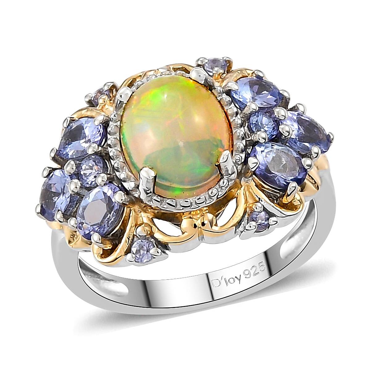 Premium Ethiopian Welo Opal and Tanzanite Ring in Vermeil Yellow Gold and Platinum Over Sterling Silver 2.15 ctw
