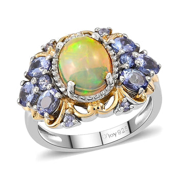 Premium Ethiopian Welo Opal and Tanzanite Ring in Vermeil Yellow Gold and Platinum Over Sterling Silver 2.15 ctw - Product card gallery slide 1 (10178571469113)
