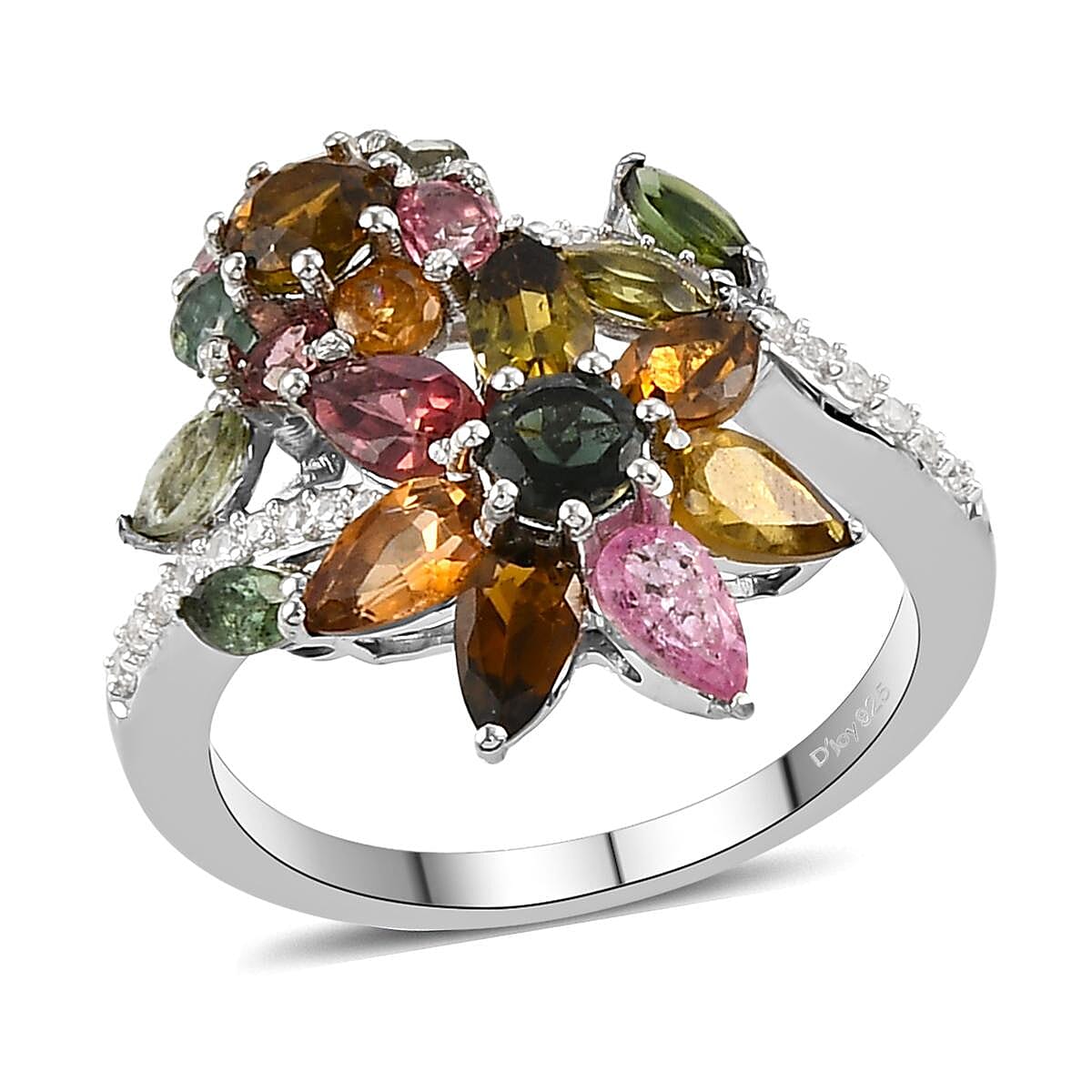 Multi-Tourmaline and Natural White Zircon Bypass Floral Ring in Platinum Over Sterling Silver 3.00 ctw