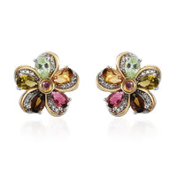 Multi-Tourmaline and Natural White Zircon Floral Earrings in Vermeil Yellow Gold and Platinum Over Sterling Silver 2.25 ctw